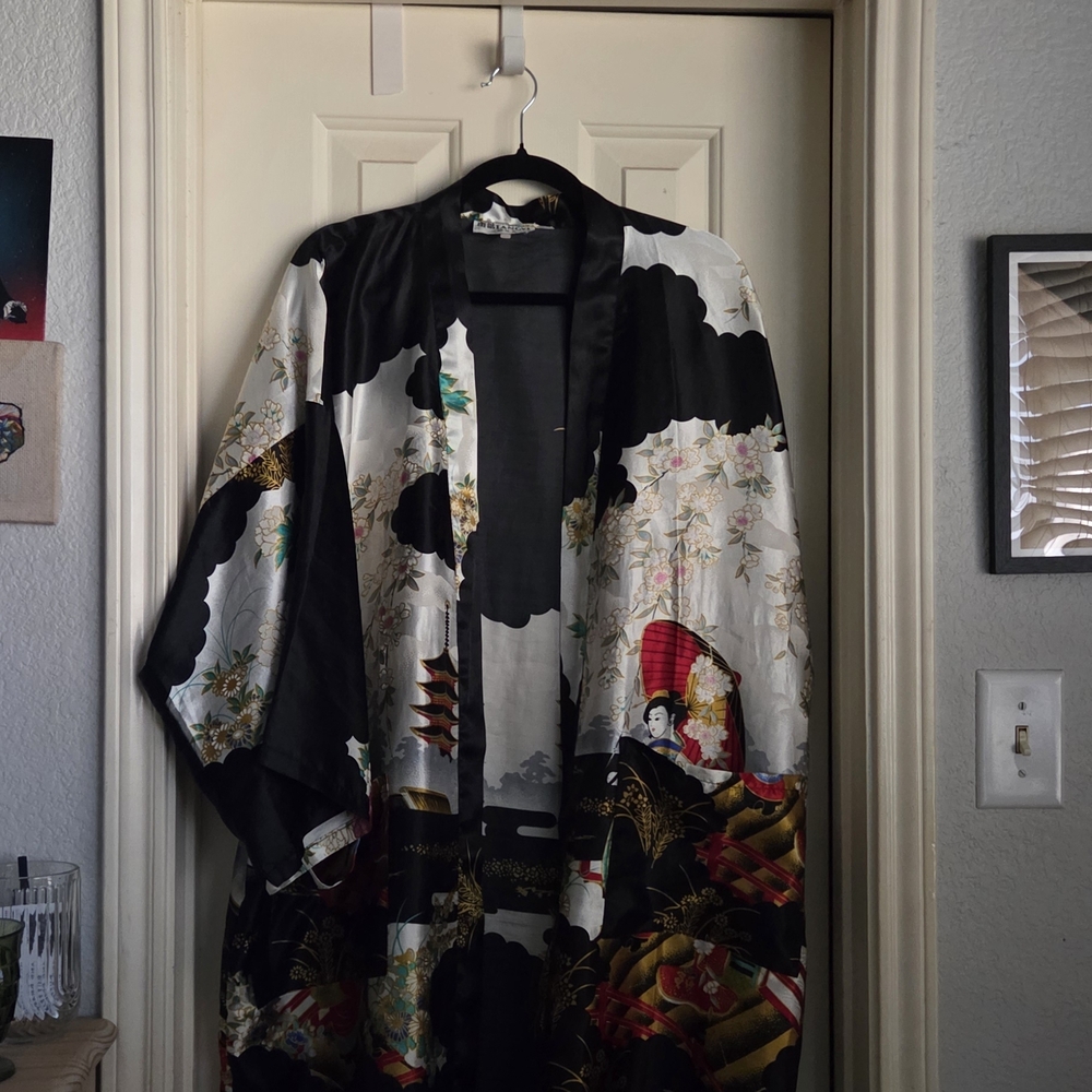 Elegant Black and White Kimono with Red Accents